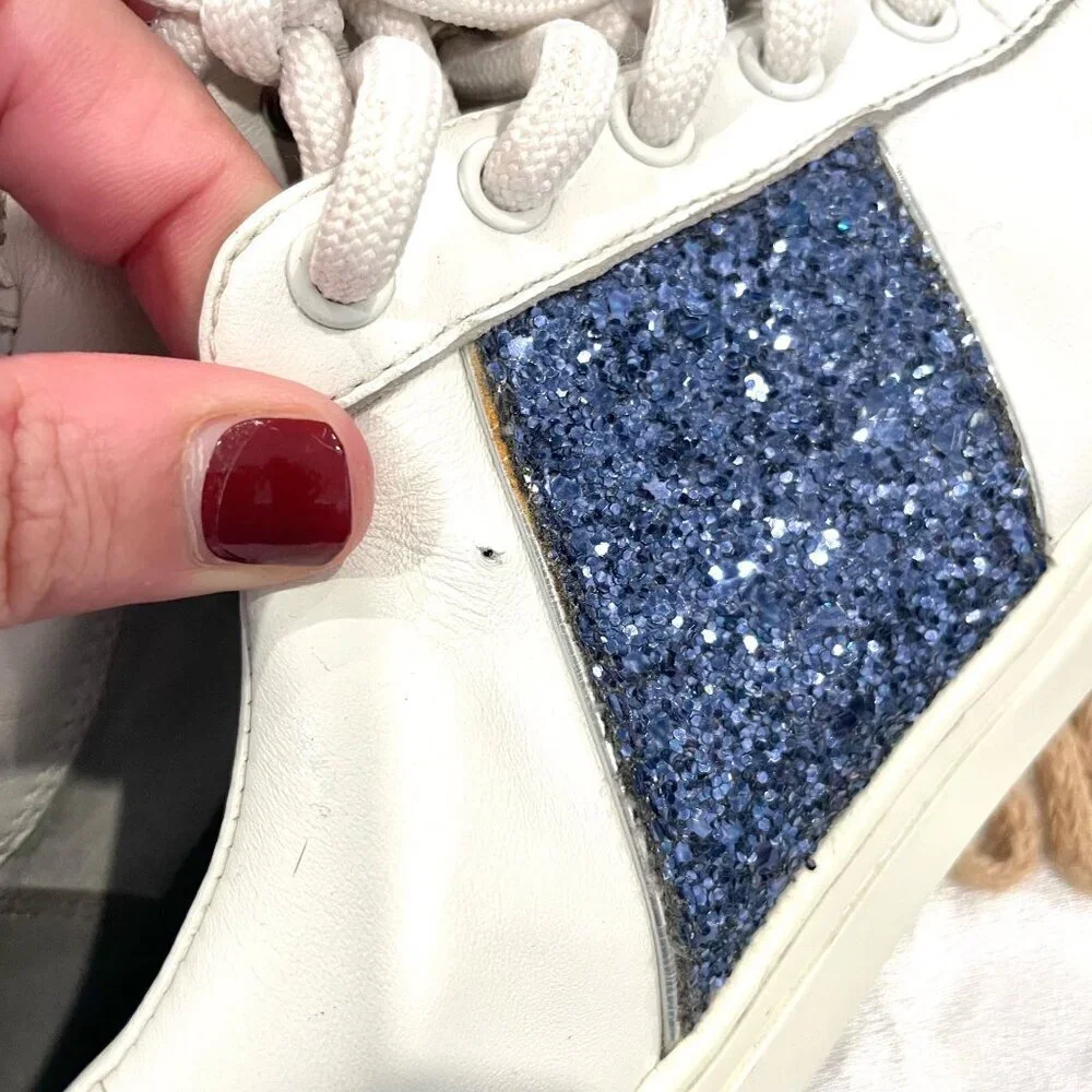 Tory Burch Carter Glitter Sneaker Women's Size 7M Lace Up White Blue